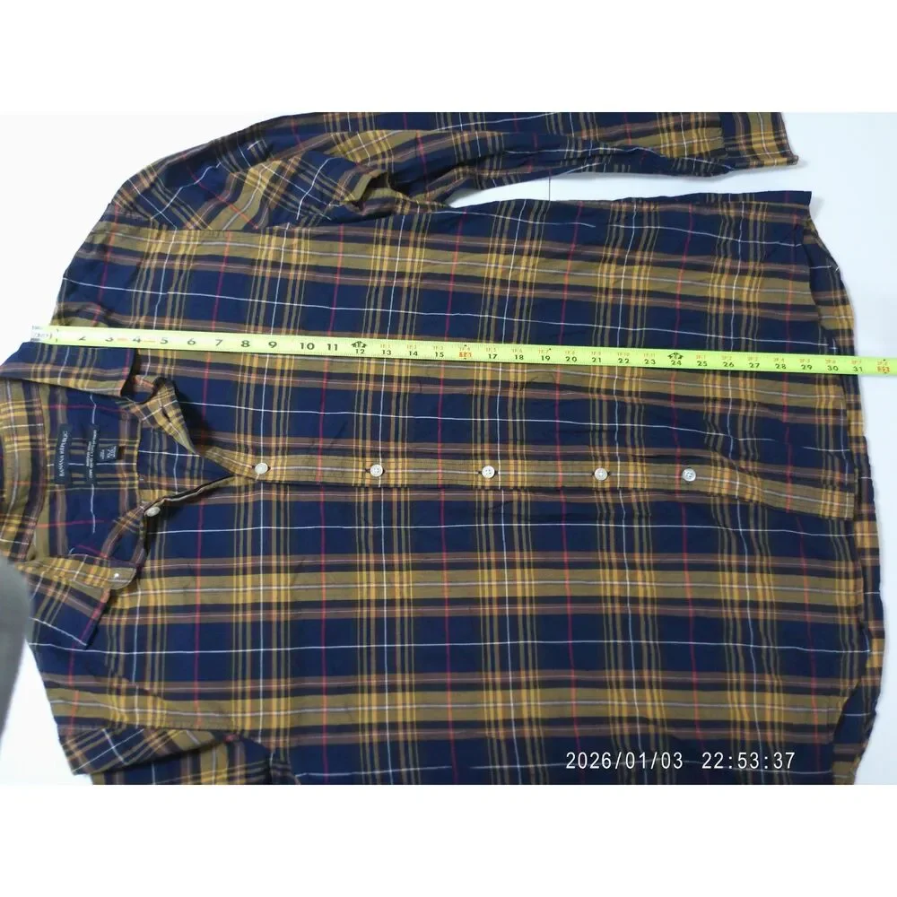 Banana Republic XL Tall Slim Fit Plaid Shirt Navy Gold Untucked Cotton Men's